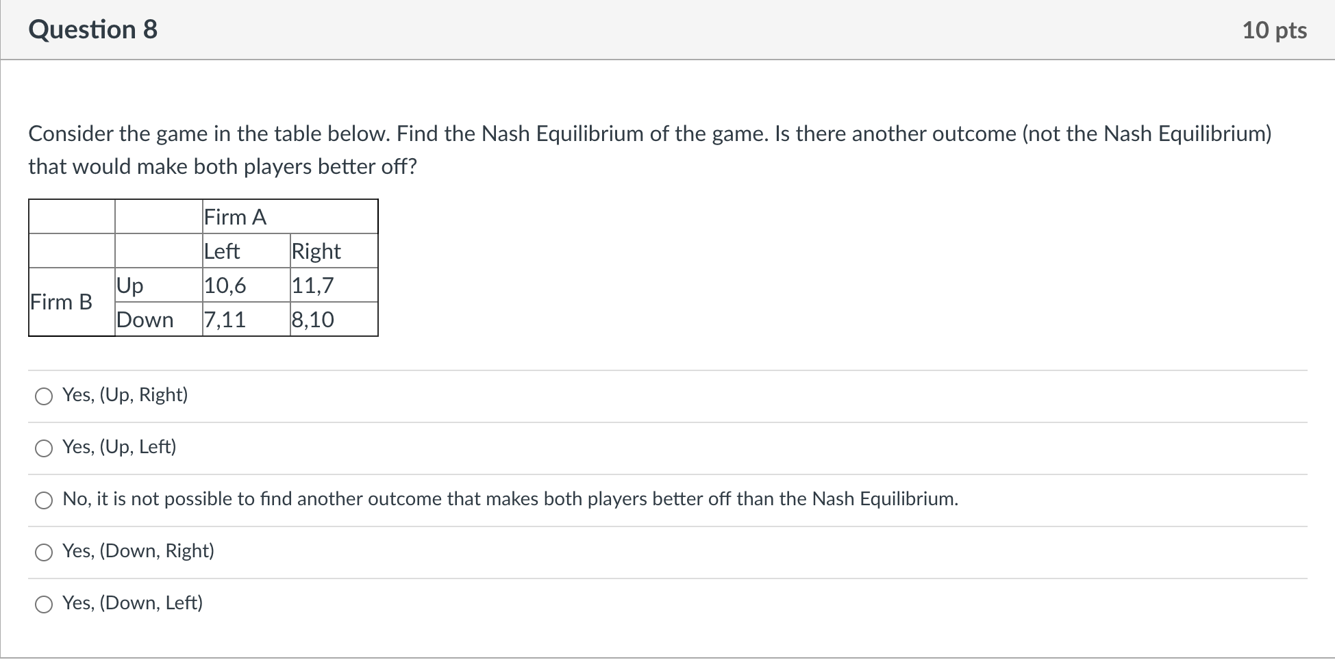 Solved Question 8 10 Pts Consider The Game In The Table | Chegg.com