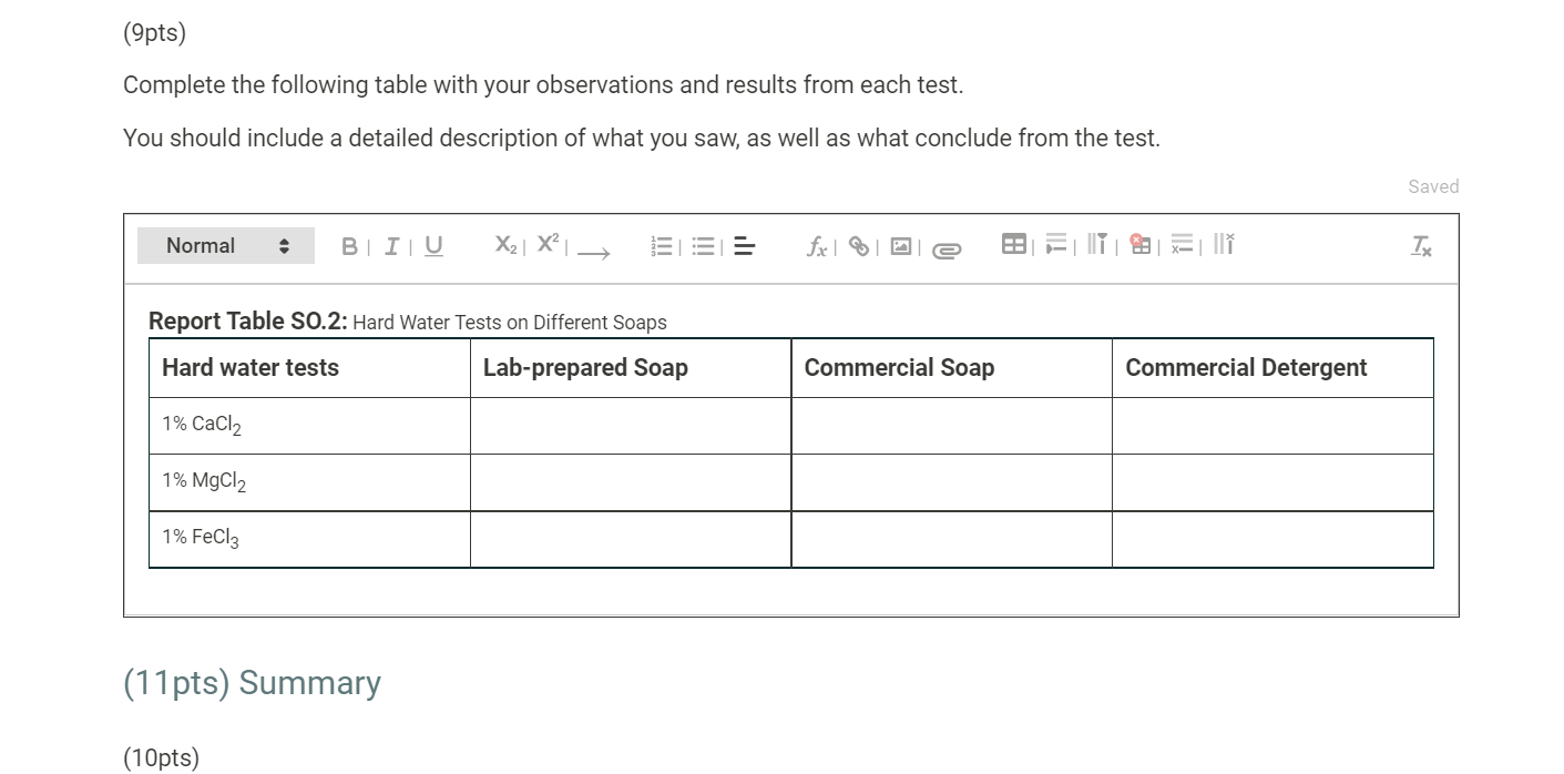 (9pts)
Complete the following table with your observations and results from each test.
You should include a detailed descript