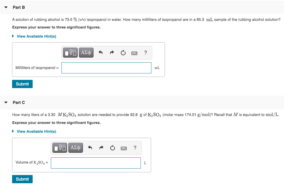 Part B A Solution Of Rubbing Alcohol Is 73 5 V V Chegg Com