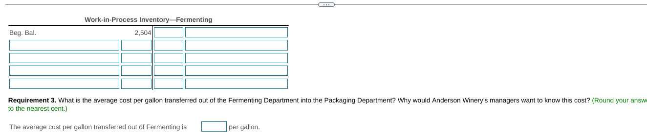 Work-in-Process Inventory-Fermenting
2,504
Beg. Bal.
Requirement 3. What is the average cost per gallon transferred out of th