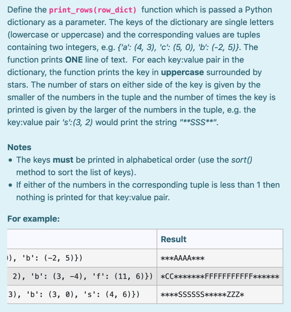 Solved Define the print_rows (row_dict) function which is | Chegg.com