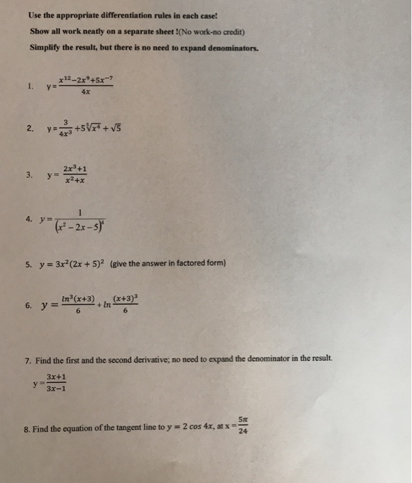 Solved Use the appropriate differentiation rules in each | Chegg.com