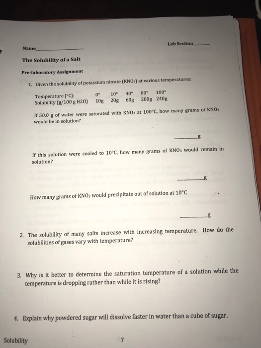 Solved Lab Section, Name The Solubility of a Salt
