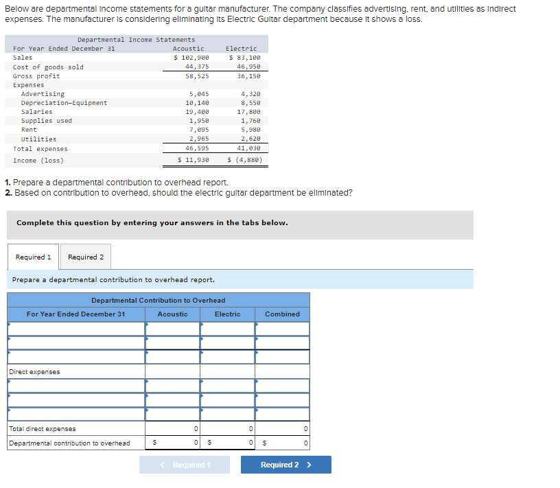 Solved Below Are Departmental Income Statements For A Guitar 