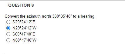 Solved Convert the azimuth north 330∘35′48′′ to a bearing. | Chegg.com