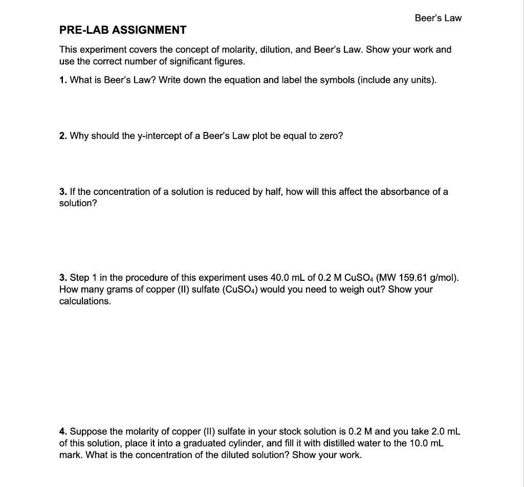 Solved Beer's Law PRE-LAB ASSIGNMENT This experiment covers | Chegg.com