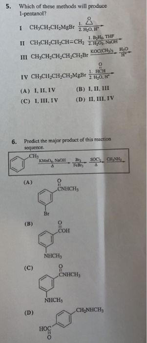 Solved 5. Which of these methods will produce 1-pentanol? | Chegg.com