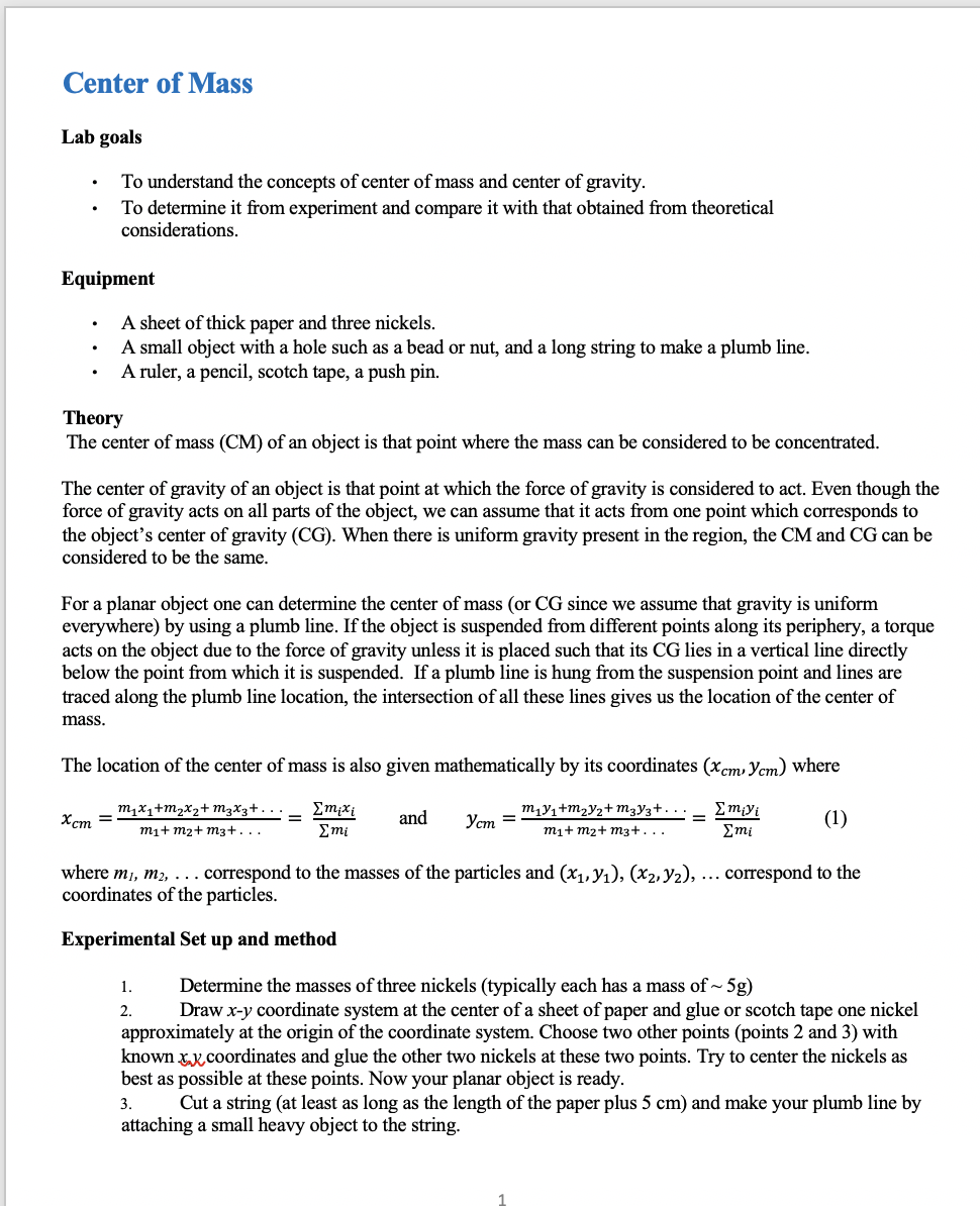 Solved Center of Mass Lab goals To understand the concepts