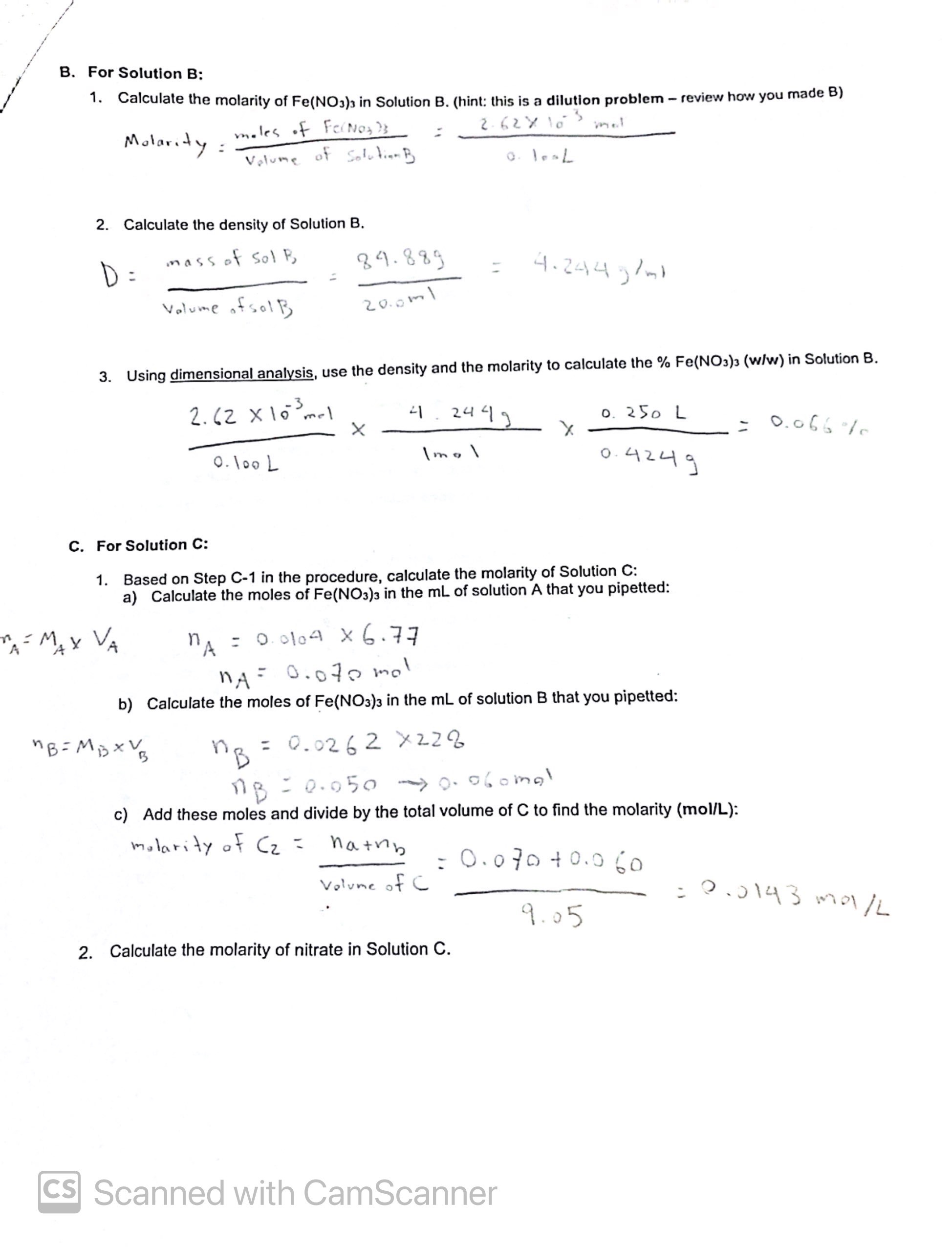 Solved B. For Solution B: 1. Calculate the molarity of | Chegg.com