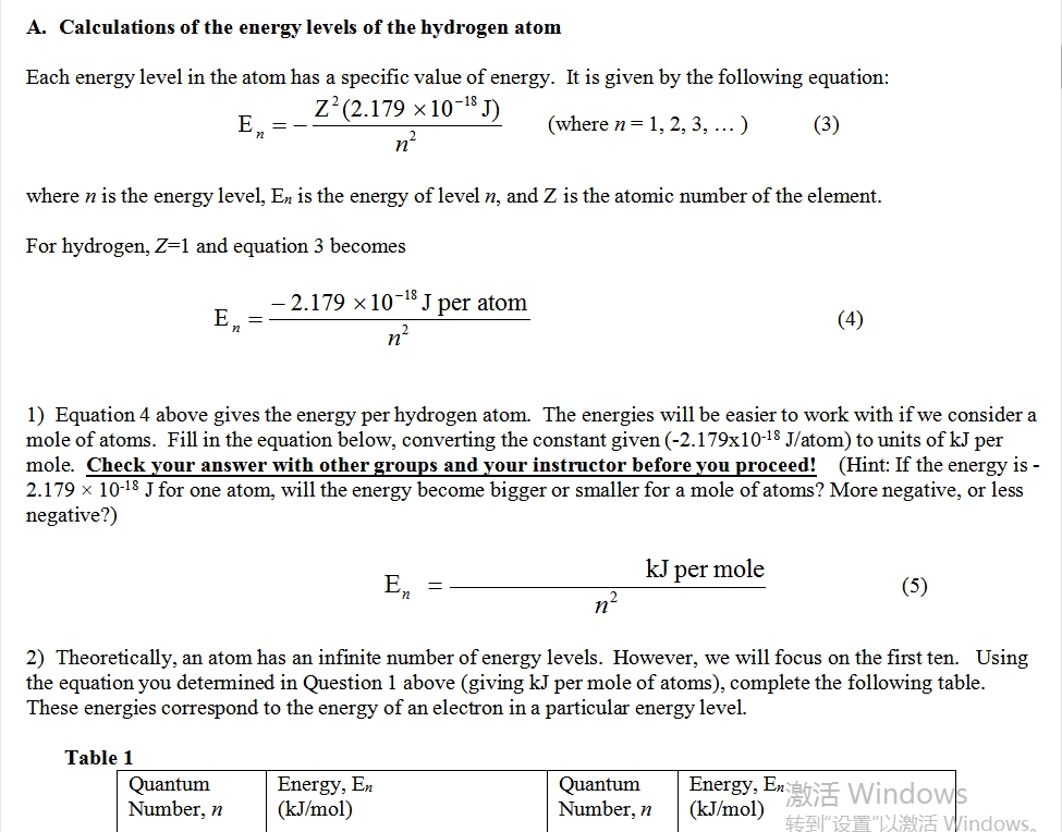 Solved A. Calculations of the energy levels of the hydrogen | Chegg.com