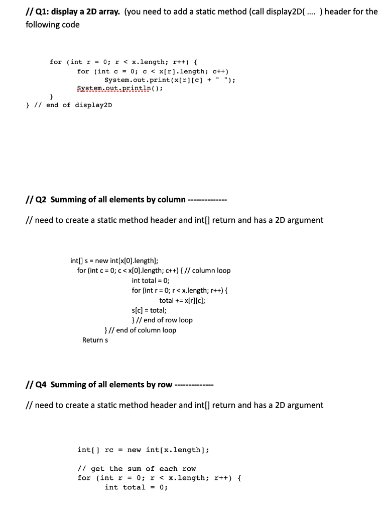 Solved 1/ Q1 display a 2D array. (you need to add a static