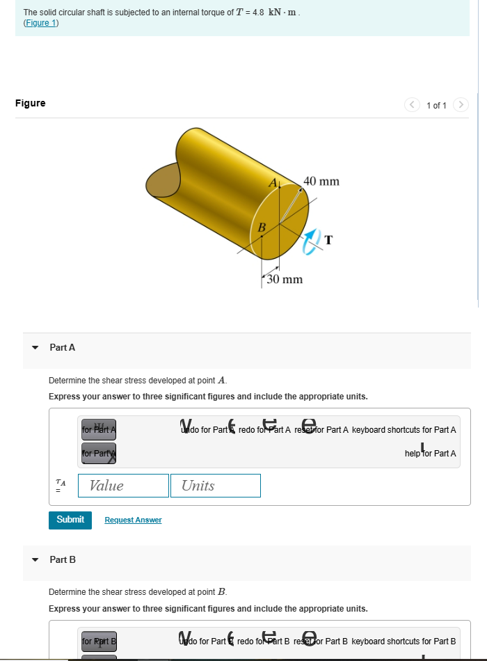 Solved Part A Determine the shear stress developed at point | Chegg.com