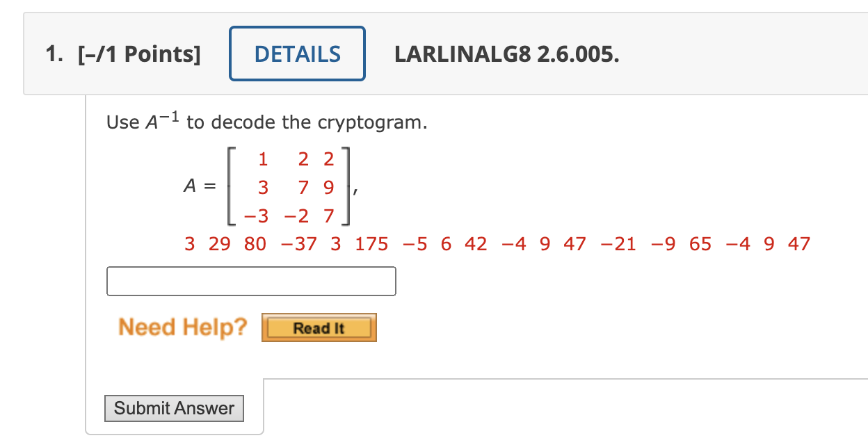Solved Use A−1 to decode the cryptogram. | Chegg.com