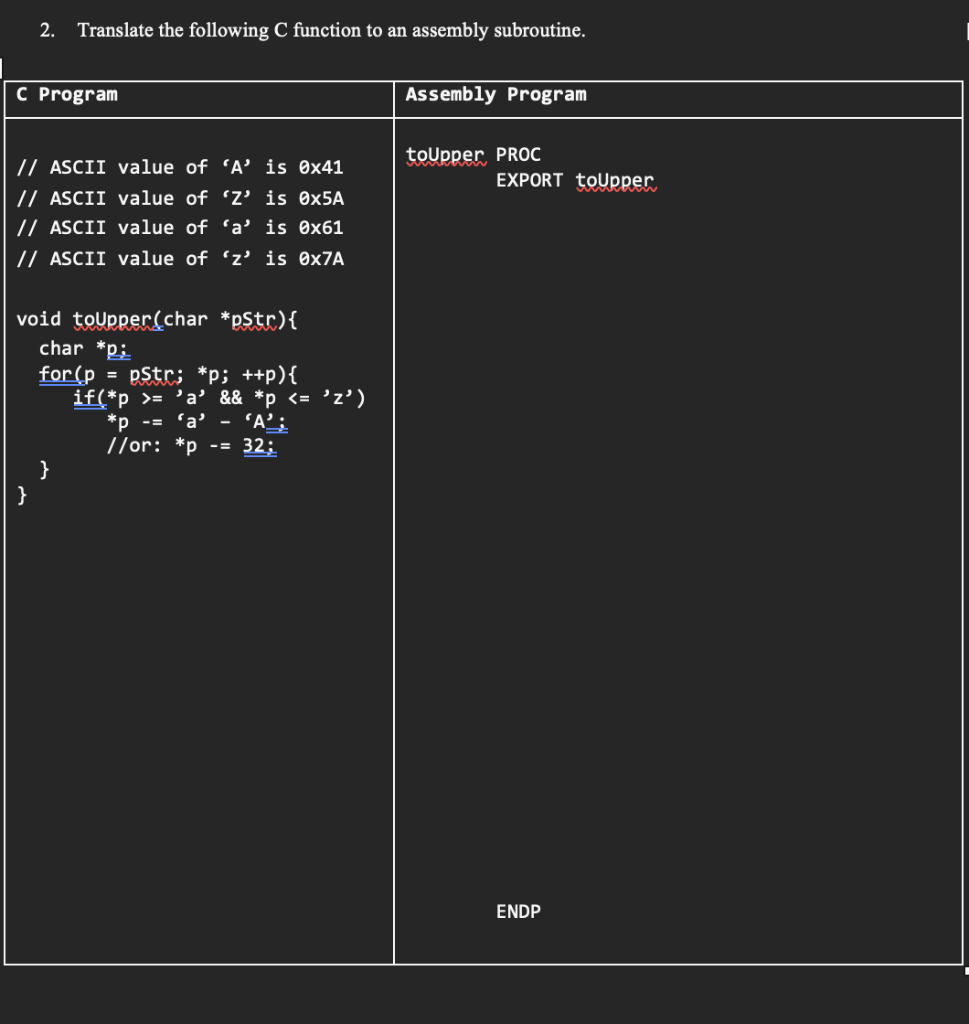 Solved 2. Translate the following C function to an assembly | Chegg.com
