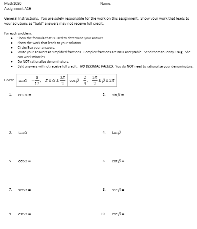 Solved Math 1080 Name: Assignment A16 General Instructions. | Chegg.com