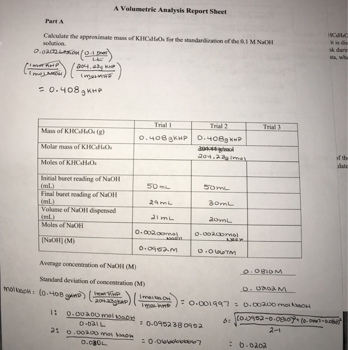 Solved A Volumetric Analysis Report Sheet Part A Calculate | Chegg.com