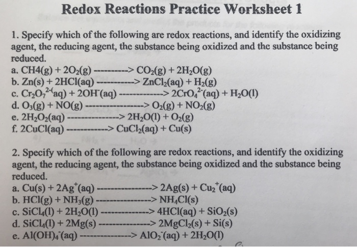 Solved: Redox Reactions Practice Worksheet 1 1. Specify Wh... | Chegg.com