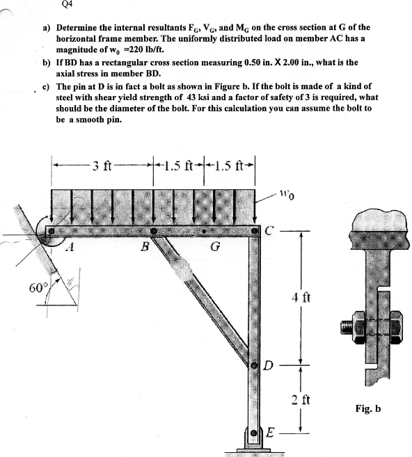a) Determine the internal resultants \( F_{G}, V_{G} \), and \( M_{G} \) on the cross section at \( G \) of the horizontal fr