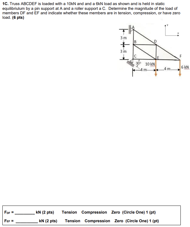 Solved 1C. Truss ABCDEF is loaded with a 10kN and and a 6kN | Chegg.com