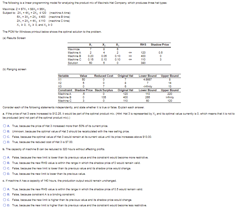 Solved The following is a linear programming model for | Chegg.com