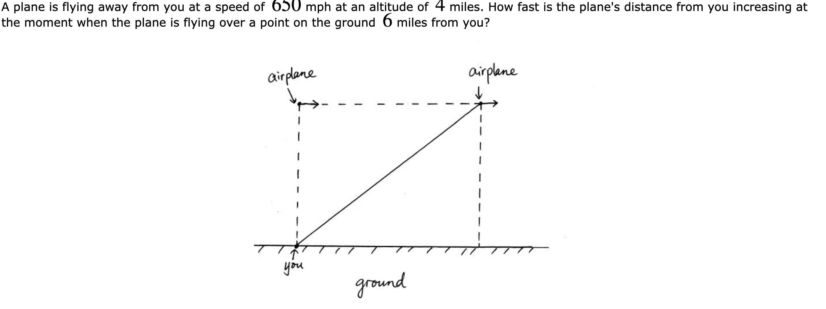 Solved A plane is flying away from you at a speed of 650mph | Chegg.com