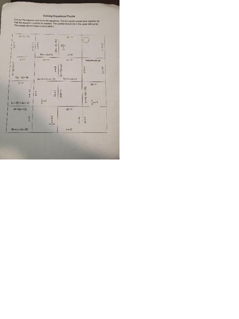 Solved Solving Equations Puzzle Cut Out The Squares And Chegg Com