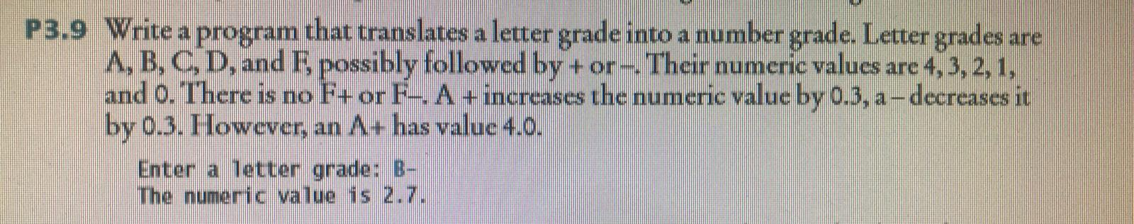 Solved P3.9 Write a program that translates a letter grade | Chegg.com