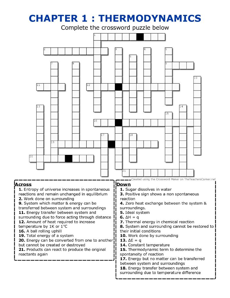 Solved CHAPTER 1 THERMODYNAMICS Complete the crossword