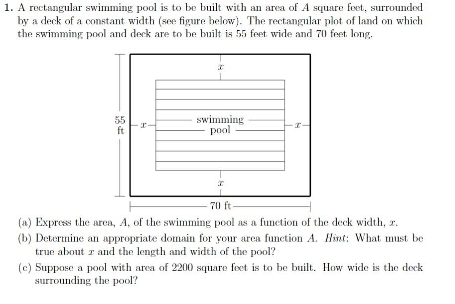 Solved 1. A rectangular swimming pool is to be built with an | Chegg.com