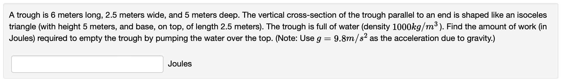 Solved A Trough Is 6 meters Long 2 5 meters Wide And 5 Chegg solved-a-trough-is-6-meters-long-2-5-meters-wide-and-5-chegg