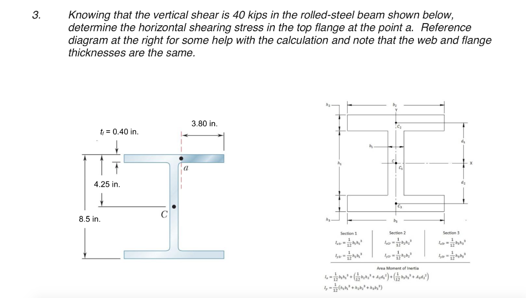 Solved 3. Knowing that the vertical shear is 40 kips in