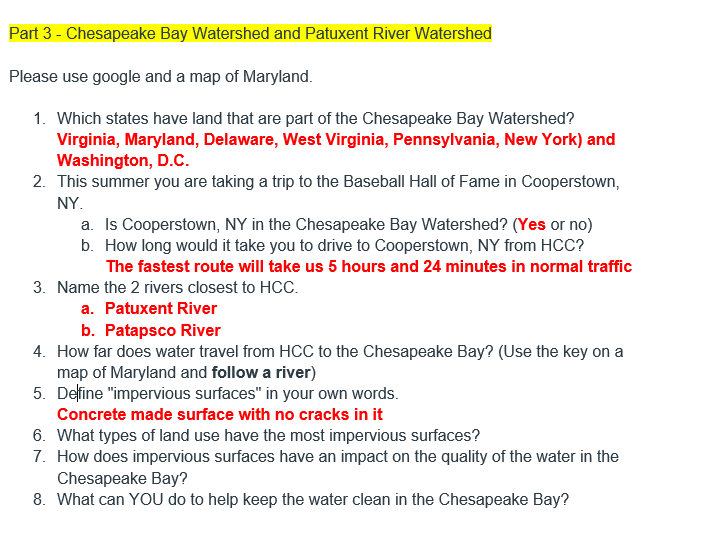 Solved Part 3 Chesapeake Bay Watershed and Patuxent River