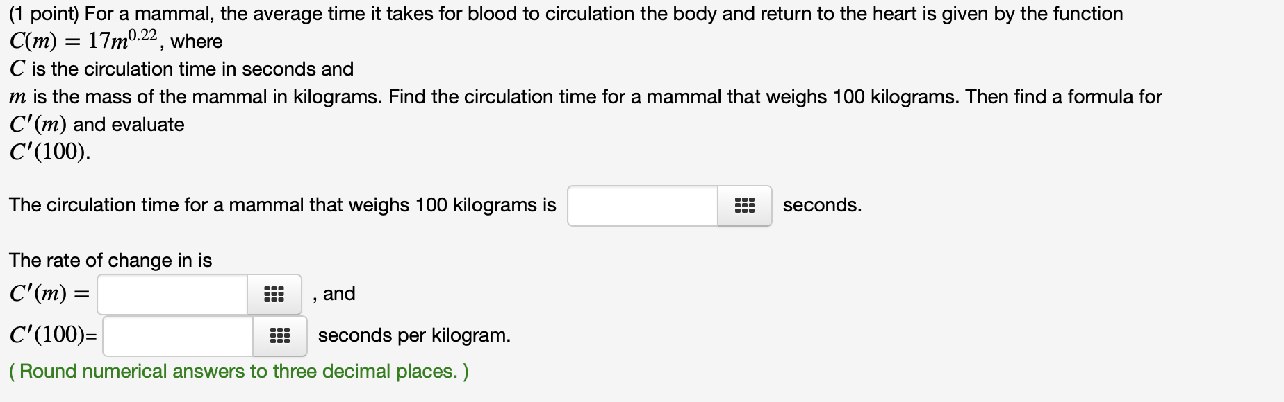 Solved (1 point) For a mammal, the average time it takes for | Chegg.com