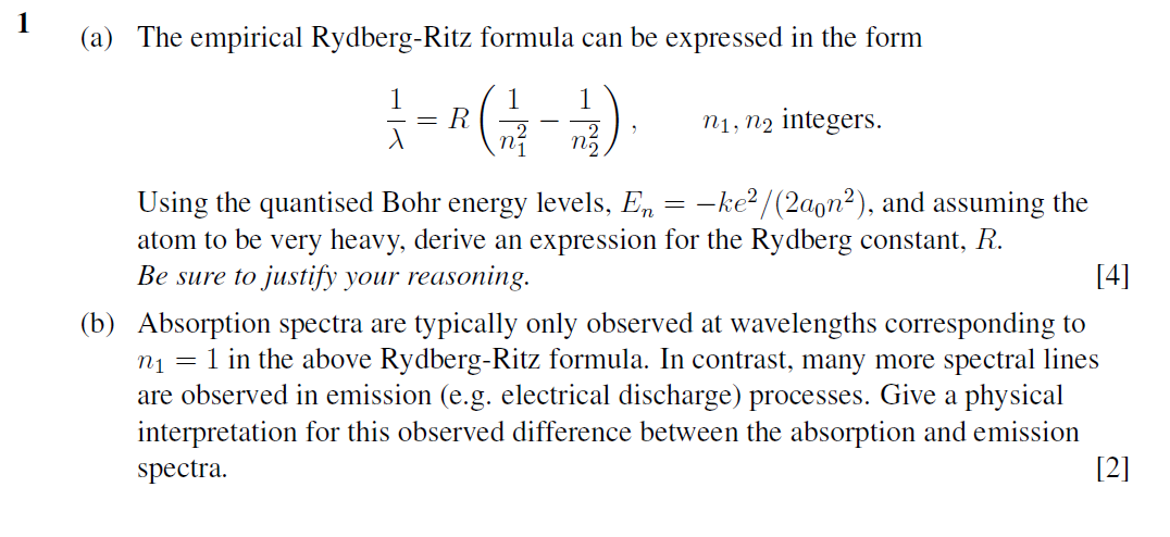 Solved 1 (a) The empirical Rydberg-Ritz formula can be | Chegg.com