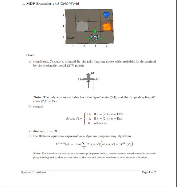 1. MDP Example: 4x3 Grid World START @ Given: a) | Chegg.com