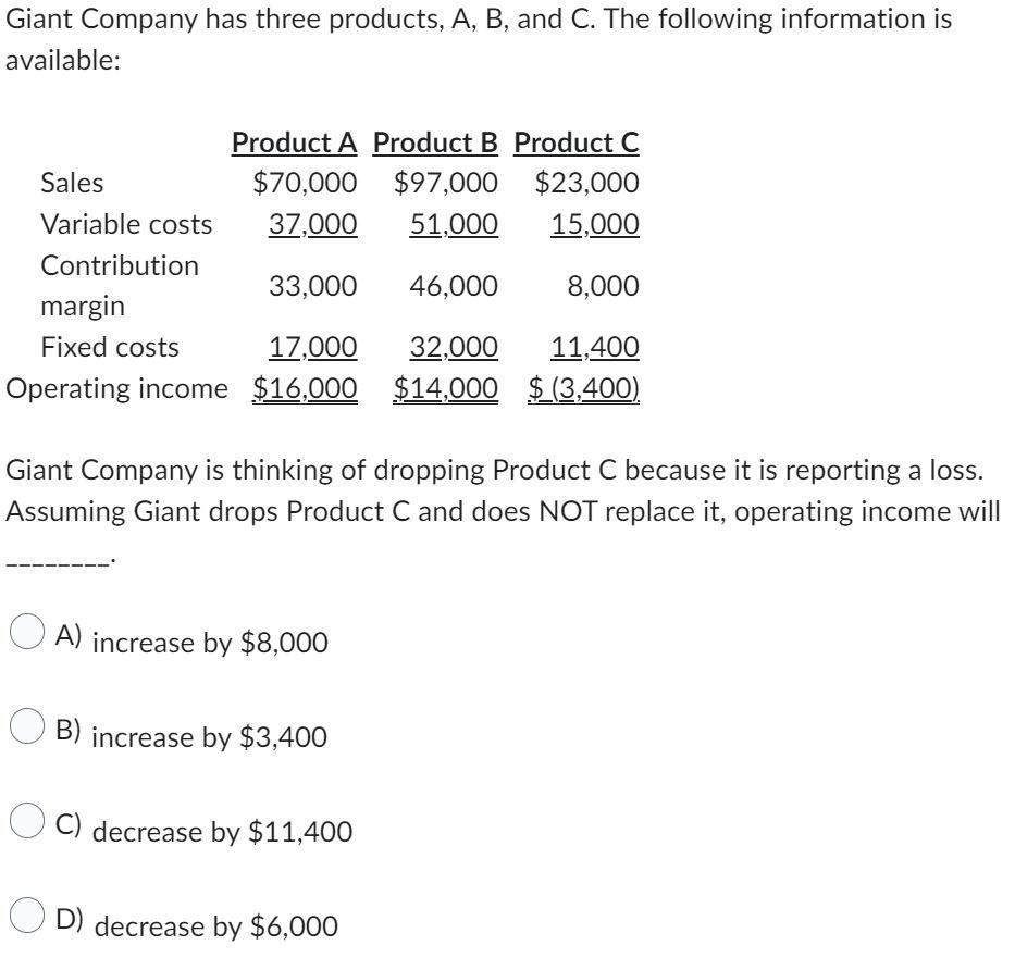 Solved Giant Company has three products, A, B, and C. The | Chegg.com