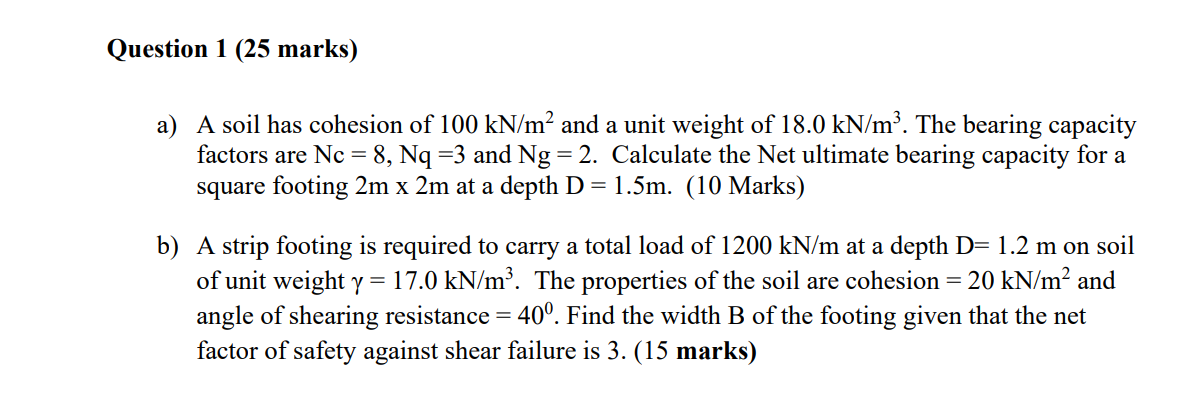 Solved a) A soil has cohesion of 100kN/m2 and a unit weight | Chegg.com