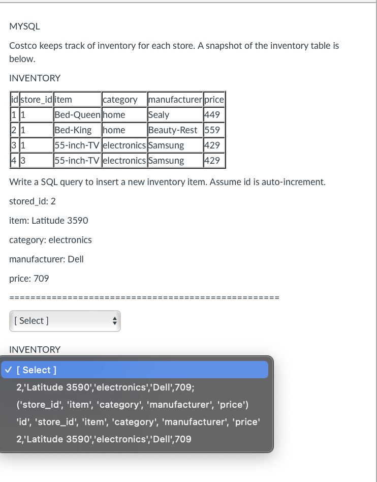 Solved MYSQL Costco keeps track of inventory for each store.
