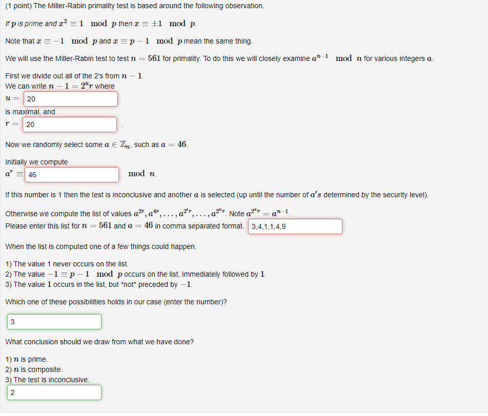 Solved (1 point) The Miller-Rabin primality test is based | Chegg.com