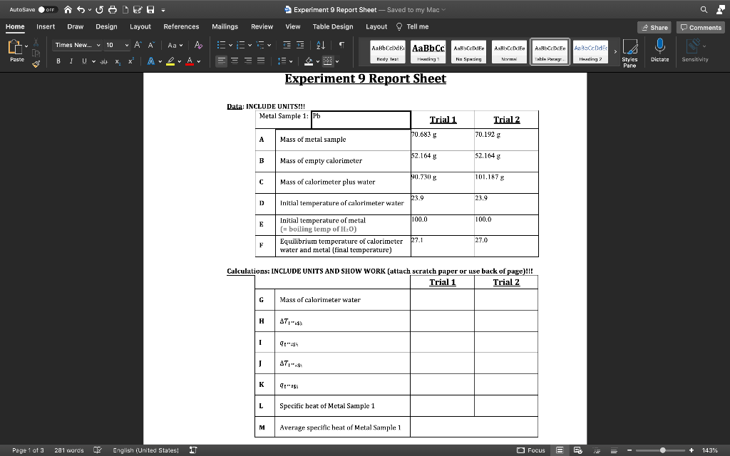 Solved AutoSave OFF OFF ñ Experiment 9 Report Sheet — Saved | Chegg.com
