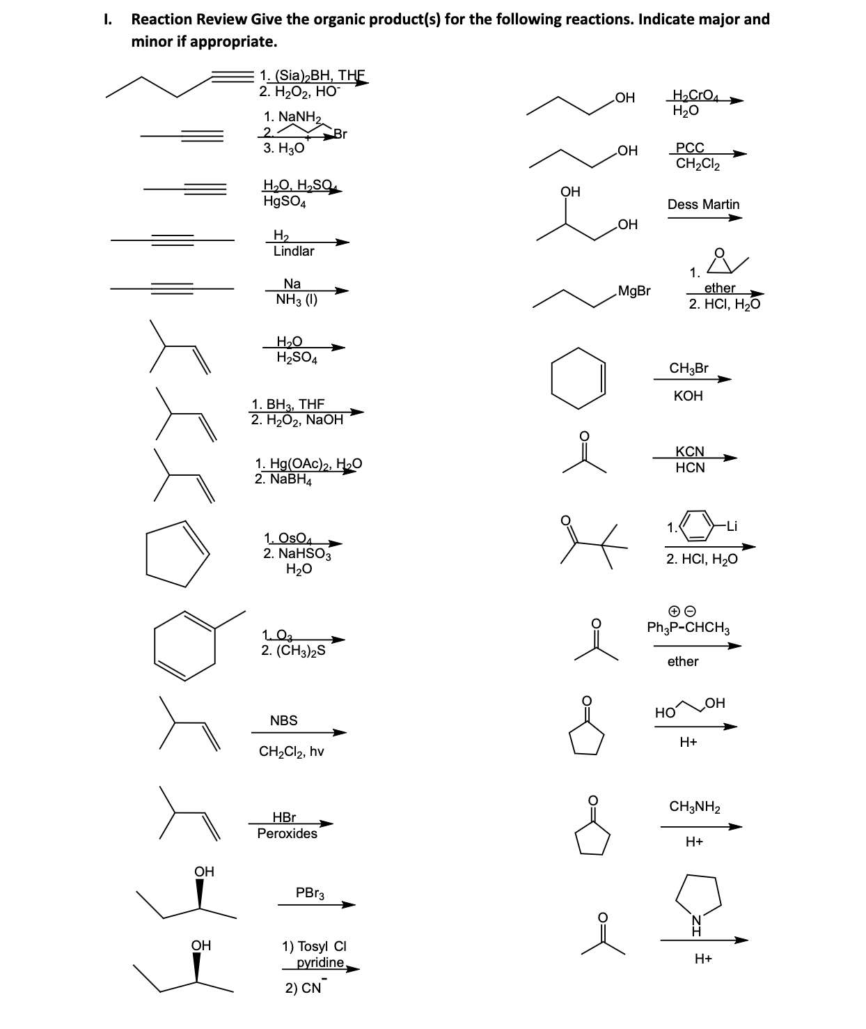 Solved I. Reaction Review Give the organic product(s) ﻿for | Chegg.com