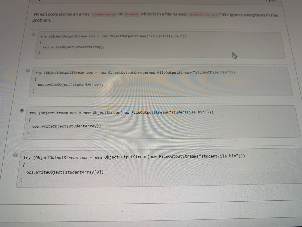 Solved Which code stores an array studentarray of student | Chegg.com