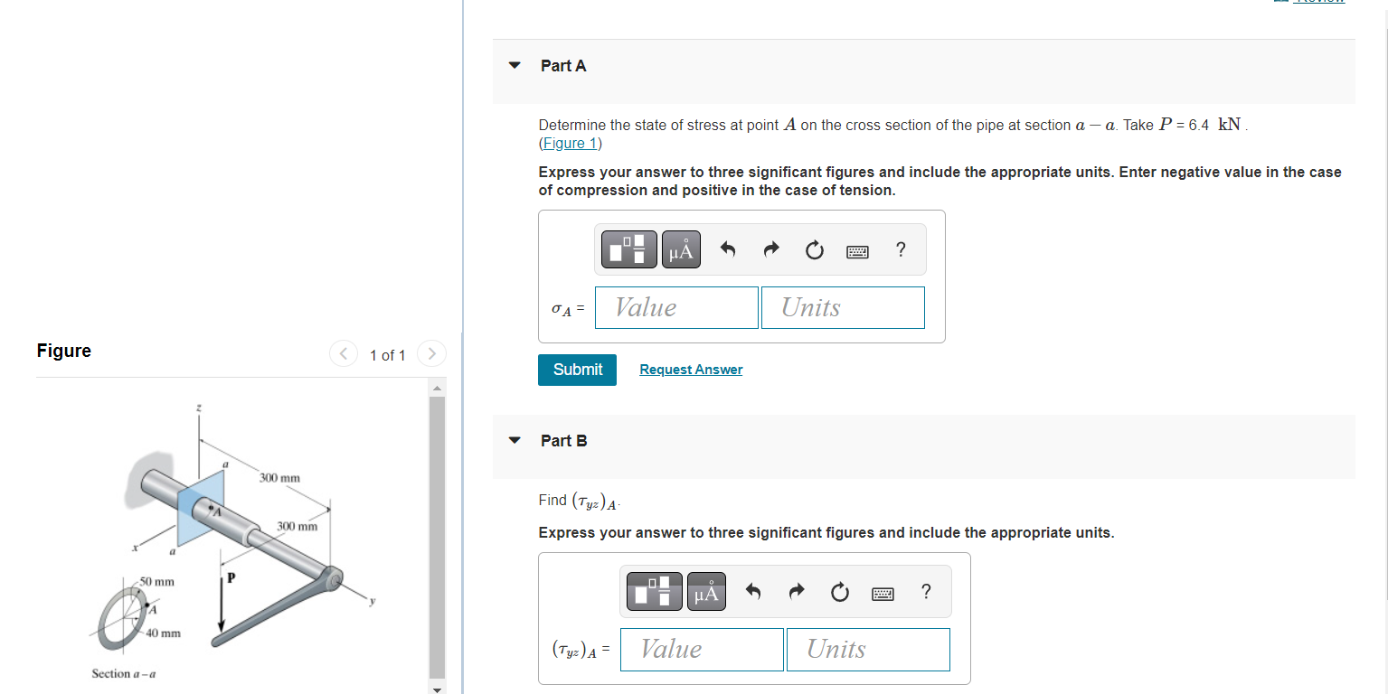 Solved Determine the state of stress at point A on the cross | Chegg.com