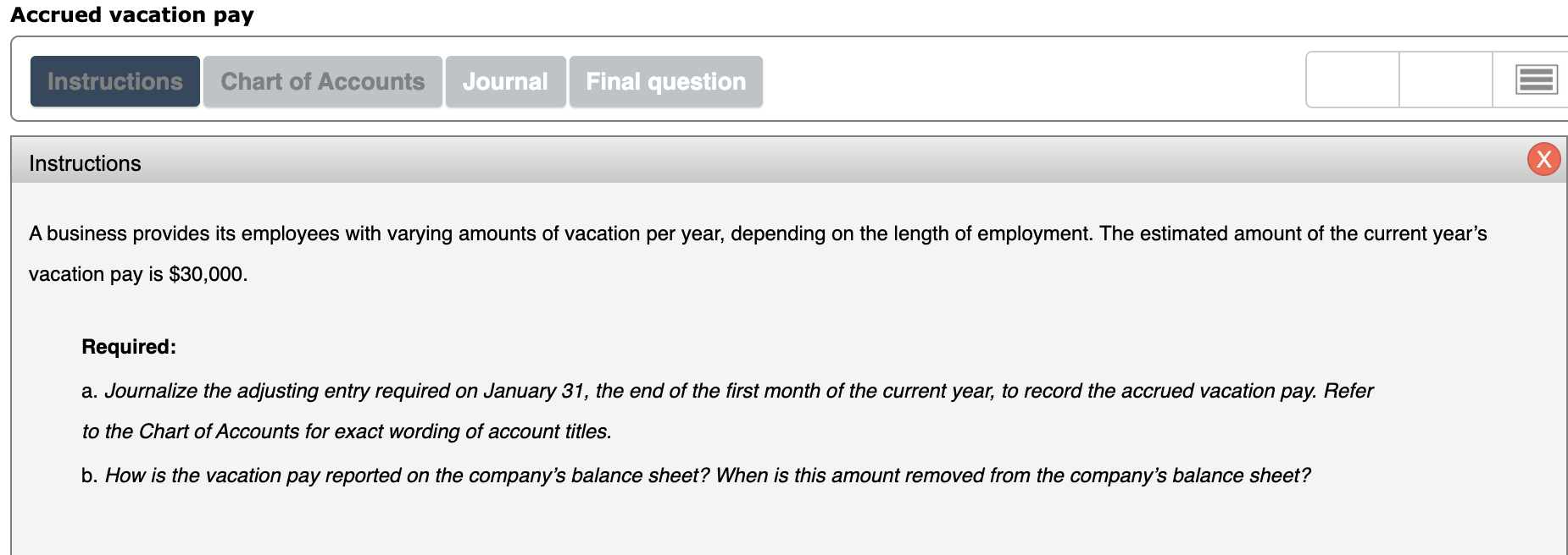 Solved Accrued vacation pay Instructions Chart of Accounts