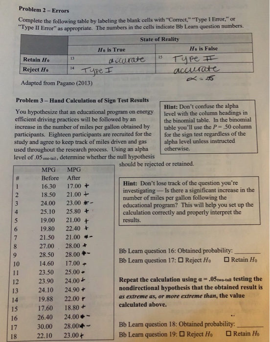 Solved Problem 2-Errors Complete the following table by | Chegg.com
