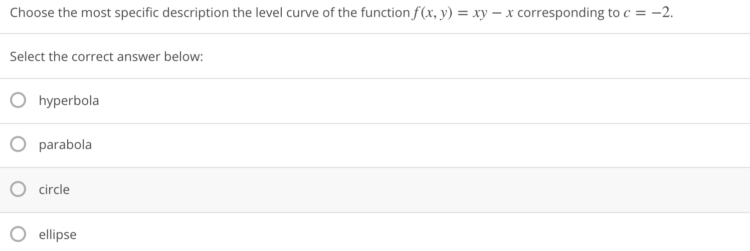 Solved Choose the most specific description the level curve | Chegg.com