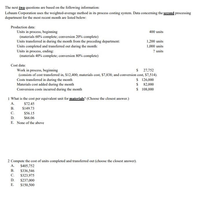 Solved The next two questions are based on the following | Chegg.com