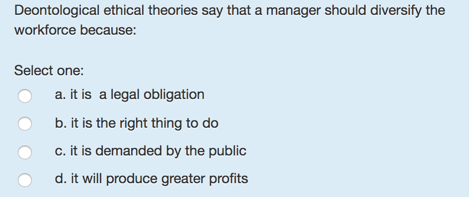Solved Deontological ethical theories say that a manager | Chegg.com