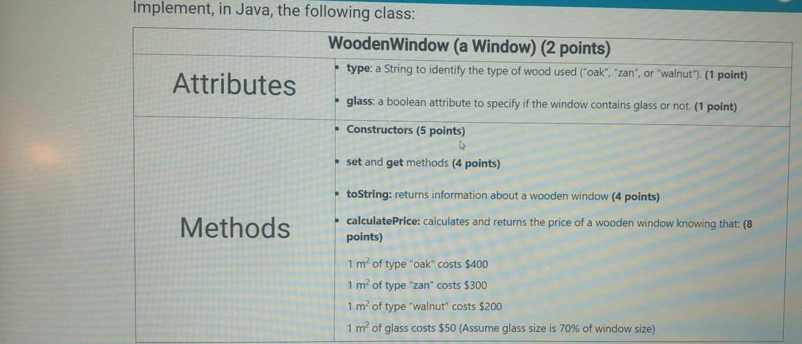 Solved Implement, in Java, the following class: Wooden | Chegg.com