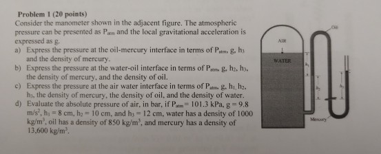 Solved Problem 1 (20 points) Consider the manometer shown in | Chegg.com
